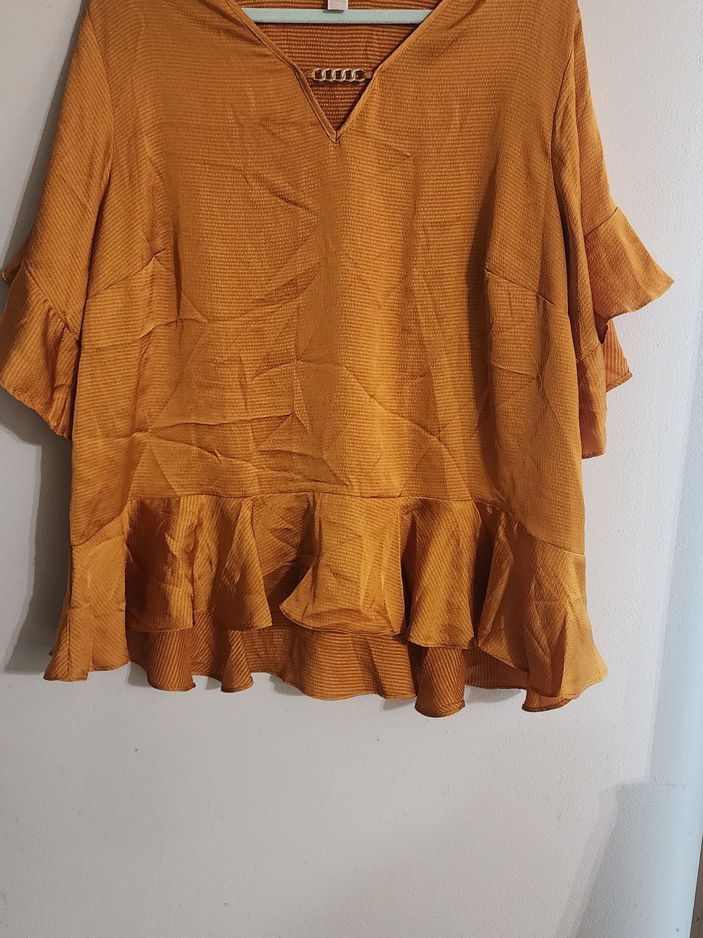 MICHAEL Michael Kors Mustard Yellow Gold-Tone Chain V-Neck Ruffle Hem Blouse